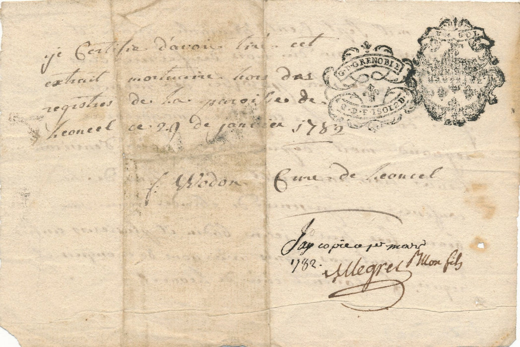 Copie 1782 extrait mortuaire de 1744 commune Leoncel Drôme Magdeleine Reynaud