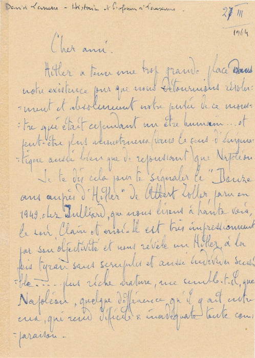 D. LASSERRE historien suisse carte autographe signée Hitler Napoléon comparaison