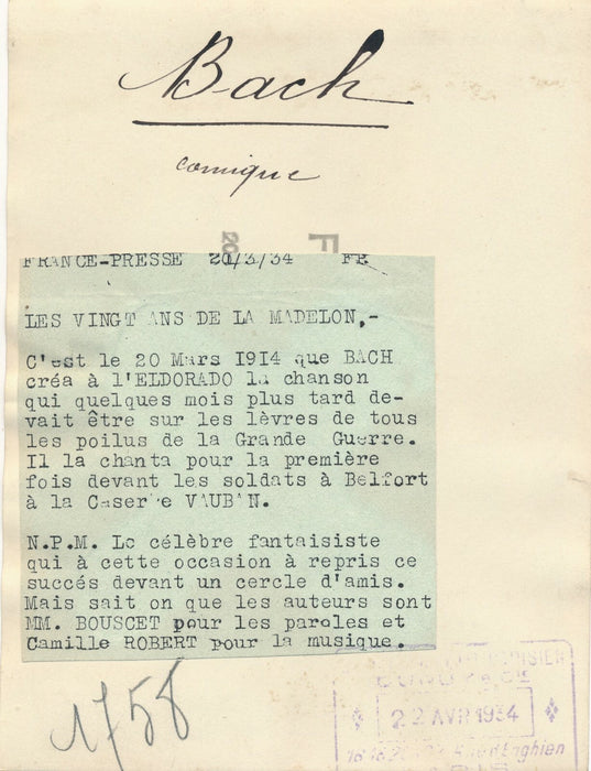 BACH 1882-1953 comique chanson Madelon photo photographie poilus vintage 1934