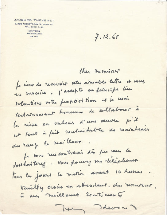 Jacques THÉVENET peintre collabore à une oeuvre lettre autographe signée