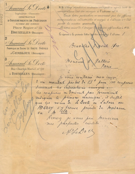 Armand LE DOCTE lettre autographe signée confirme envoi mandat chimiste optique