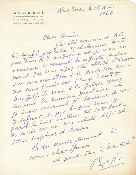 BRASSAÏ lettre autographe signée exposition New York 1968 peinture sculpture