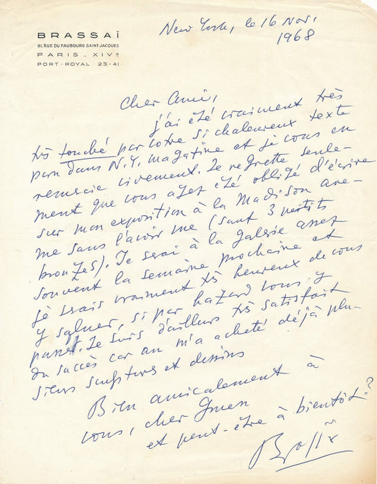 BRASSAÏ lettre autographe signée exposition New York 1968 peinture sculpture
