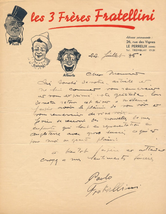 Paolo FRATELLINI cirque Lettre autographe signée 1936 enfants Angleterre