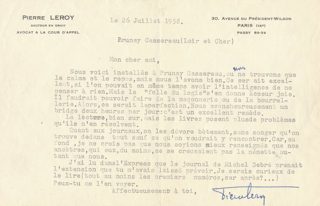 Pierre LEROY lettre signée : le journal de Michel Debré politique