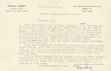 Pierre LEROY lettre signée : le journal de Michel Debré politique