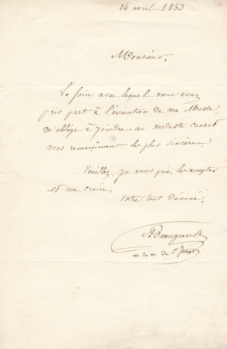 musique Auguste BEAUGRAND remercie pour exécution messe lettre autographe signée