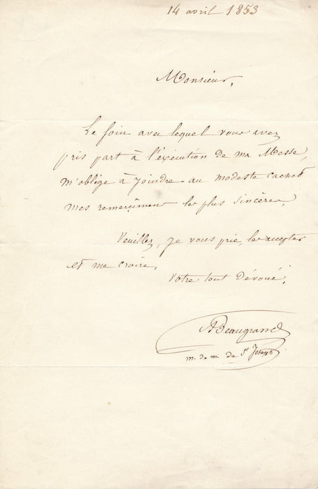 musique Auguste BEAUGRAND remercie pour exécution messe lettre autographe signée