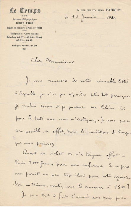 Compositeur Vuillermoz lettre autographe signée conférence prix