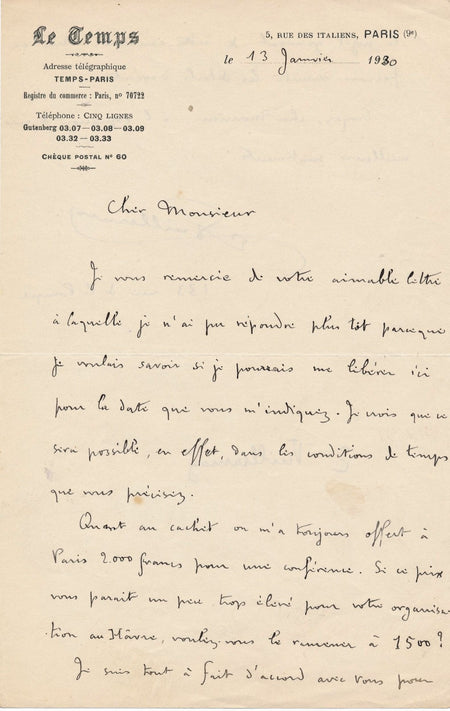 Compositeur Vuillermoz lettre autographe signée conférence prix