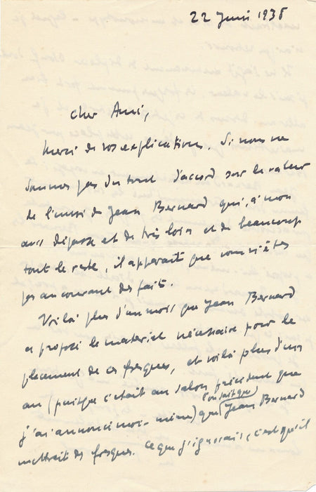 art SUR l'artiste Jean Bernard sculpteur fresques lettre autographe signée