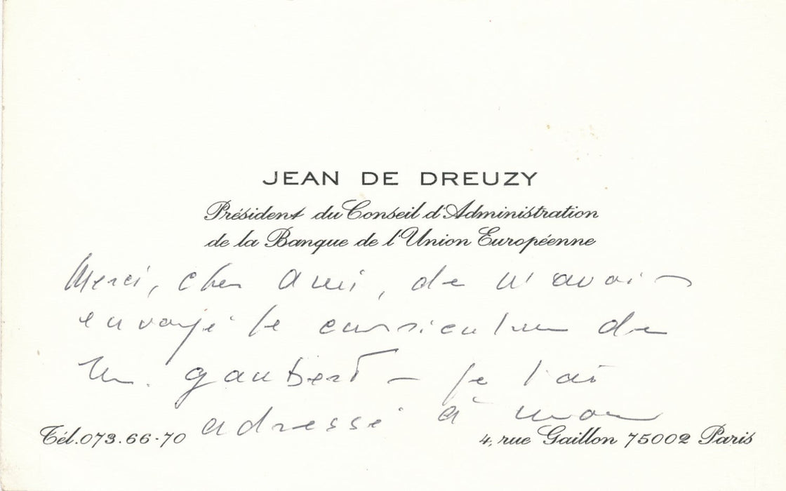 Banque Jean de DREUZY Union européenne lettre signée carte autographe