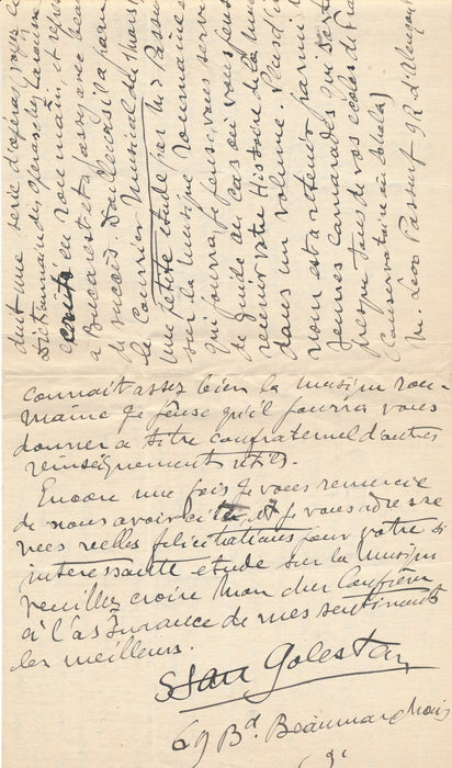 Stan GOLESTAN musique Roumain Lettre autographe signée Histoire musique Caudella