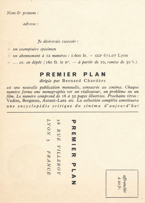Premier Plan revue cinéma carton abonnement Franju 1959