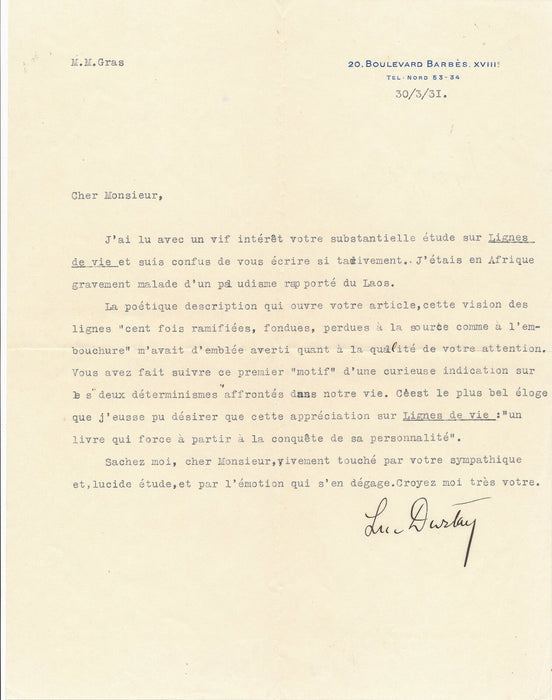 Luc DURTAIN 2 belles littéraireslettres signées sur Lignes de vie et Captain OK 