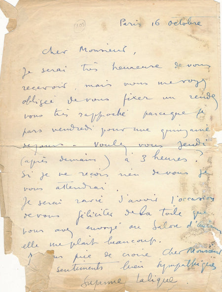 Suzanne LALIQUE peintre lettre autographe signée salon d'automne rendez vous