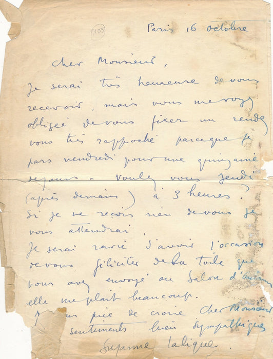 Suzanne LALIQUE peintre lettre autographe signée salon d'automne rendez vous