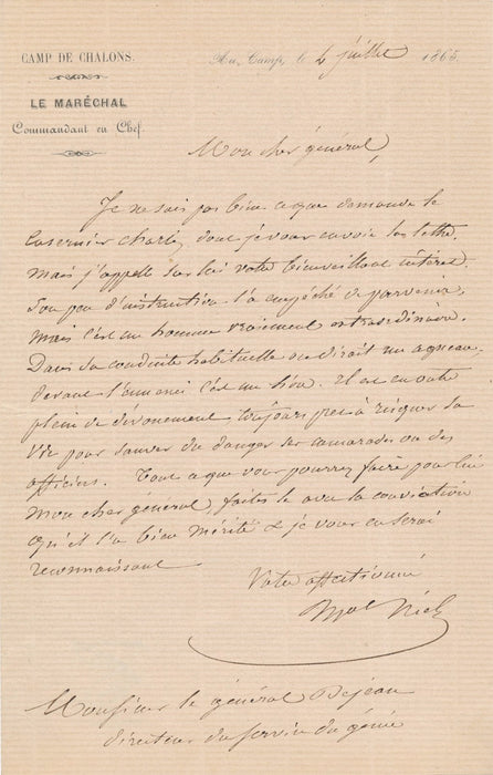 Militaire Adolphe Niel demande général Dejean lettre autographe signée 1865