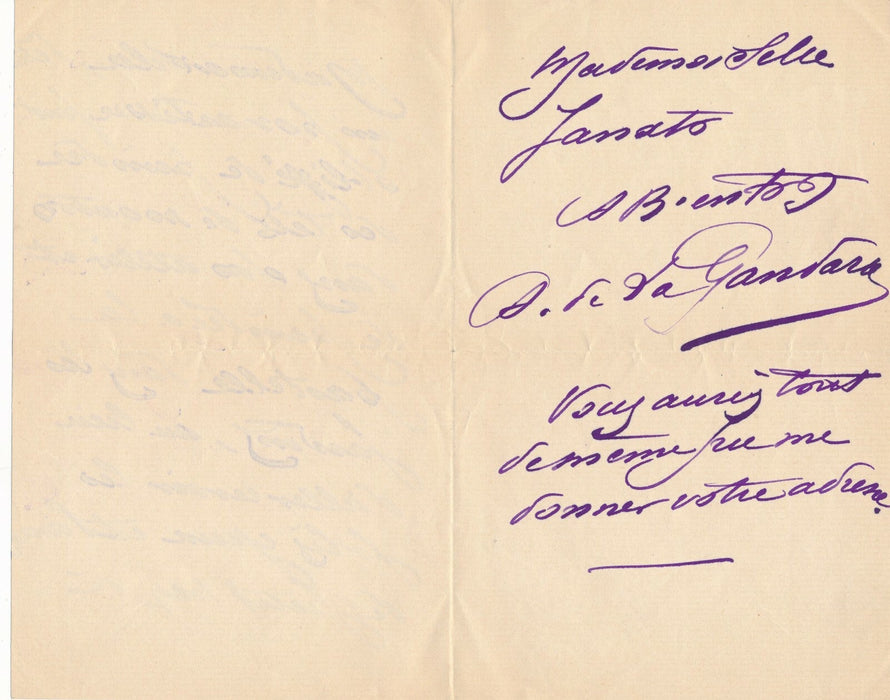 Antonio DE LA GANDARA lettre autographe pauvre artiste à Jeanne Hatto opéra