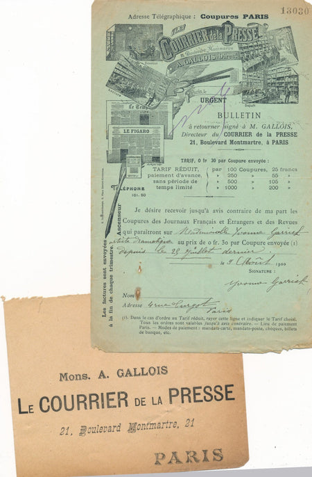 Yvonne GARRICK 1878 actrice lettre signée coupures presse sur elle
