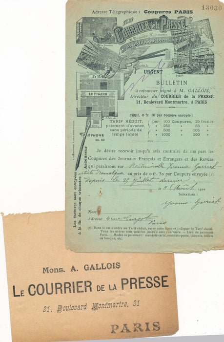 Yvonne GARRICK 1878 actrice lettre signée coupures presse sur elle