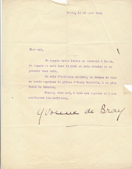 actrice Yvonne de BRAY  : elle arrête le théâtre  lettre dactylographiée signée