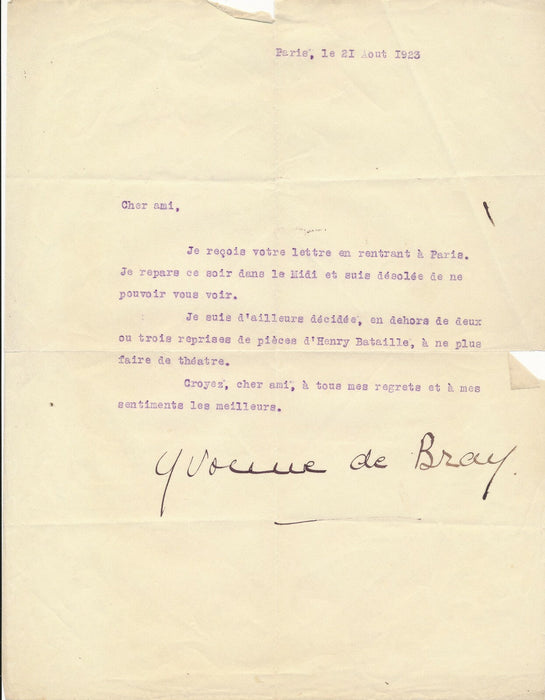 actrice Yvonne de BRAY  : elle arrête le théâtre  lettre dactylographiée signée