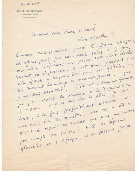 Anita CONTI belle lettre autographe signée "ma vie a été si précipitée..." océan