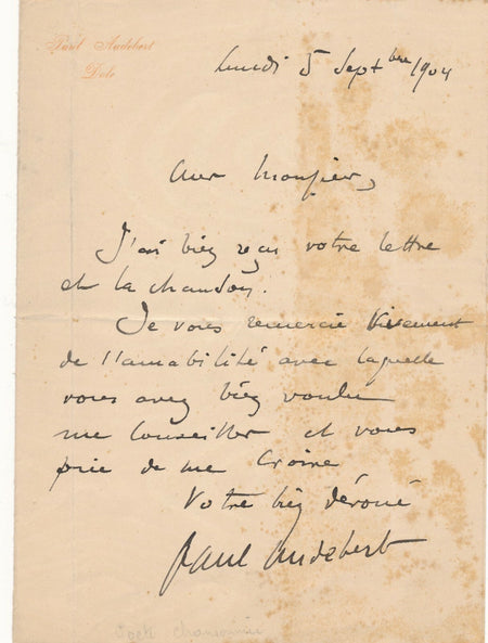Paul AUDEBERT, éditeur-imprimeur à Dole, début du XXe lettre autographe signée