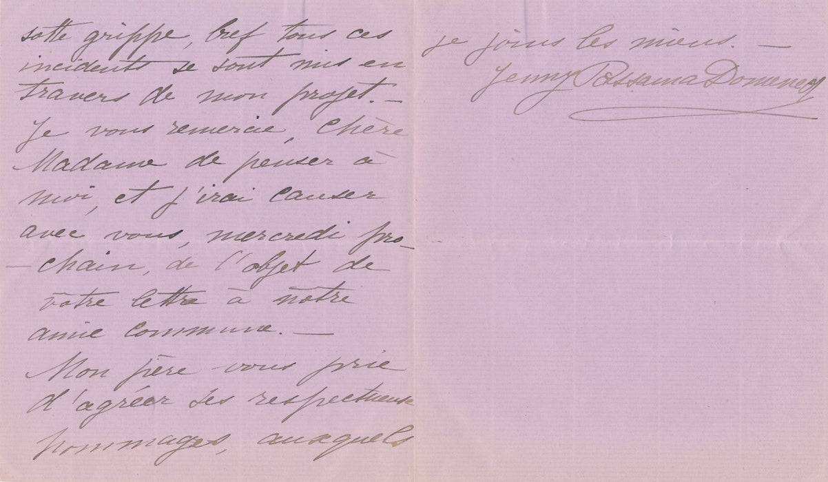 cantatrice Jenny PASSAMA lettre autographe signée répétition Messie frère malade