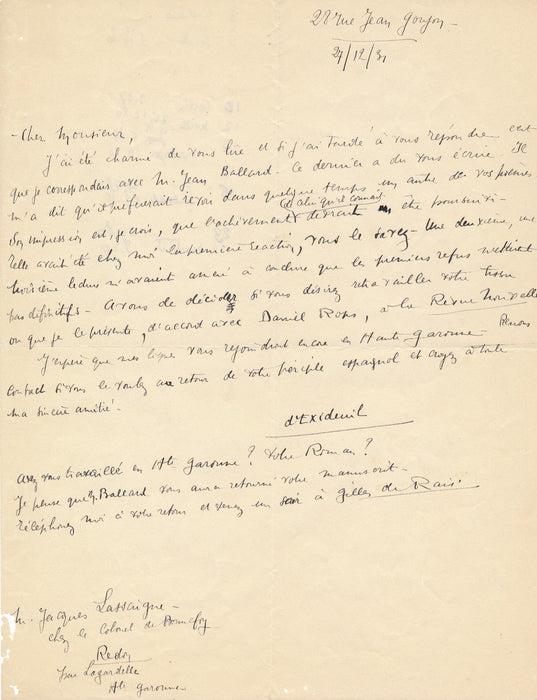 14 lettres correspondance Pierre d EXIDEUIL à J. Lassaigne Rops Abraham