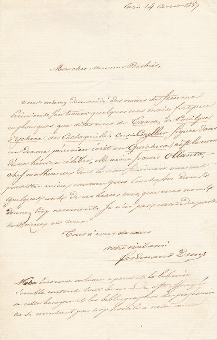 Ferdinand DENIS 2 lettres autographes signées Bahia à BOILLY Auguste BARBIER