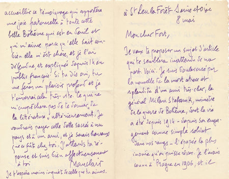 Camille MAUCLAIR Lettre autographe signée M. Rastislav Stefanik tchécoslovaquie