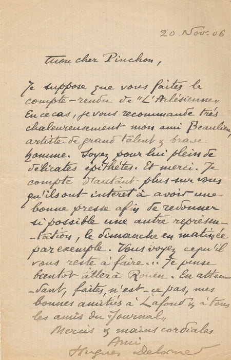 Théâtre Hughes Delorme lettre autographe signée à Pinchon Arlésienne
