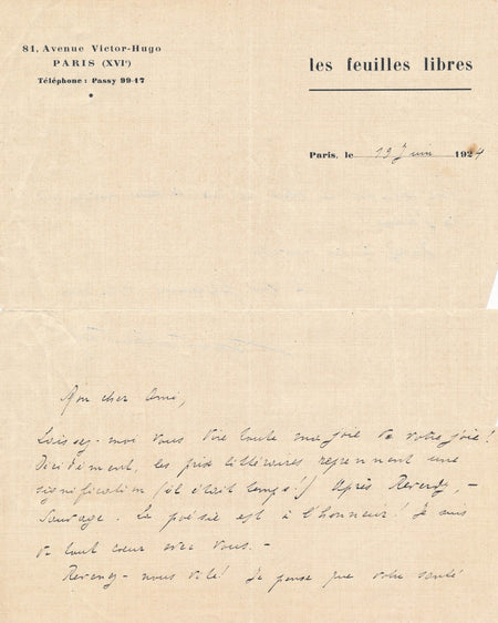 Marcel RAVAL félicite Marcel SAUVAGE La poésie est à l’honneur lettre autographe