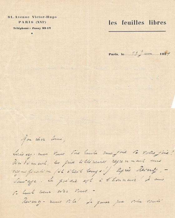 Marcel RAVAL félicite Marcel SAUVAGE La poésie est à l’honneur lettre autographe