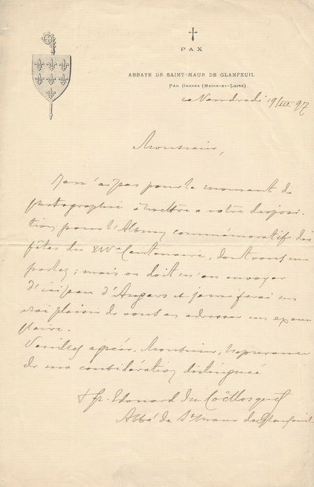 Edouard du COËTLOSQUET abbé St Maur de Glanfreuil 2 lettres photo Langénieux