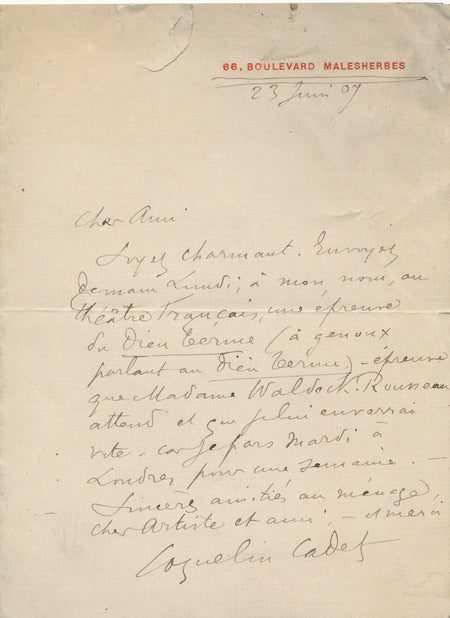 COQUELIN CADET demande d'envoyer une photo à Mme Waldeck Rousseau lettre 