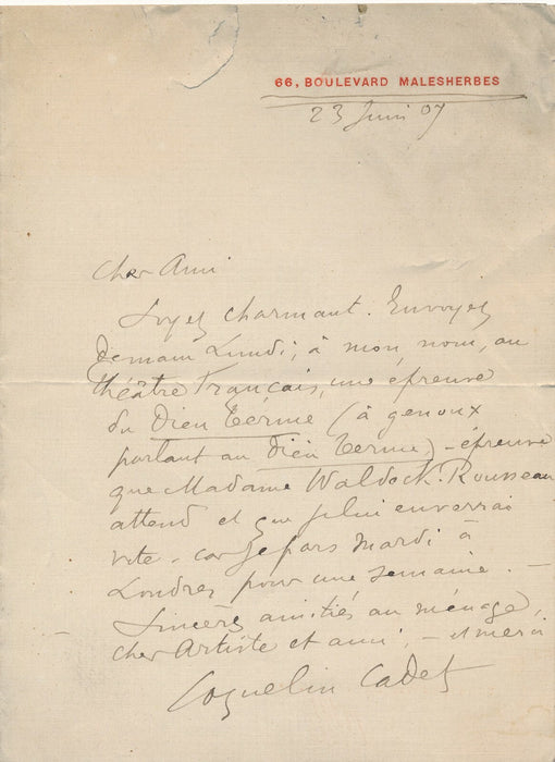 COQUELIN CADET demande d'envoyer une photo à Mme Waldeck Rousseau lettre 