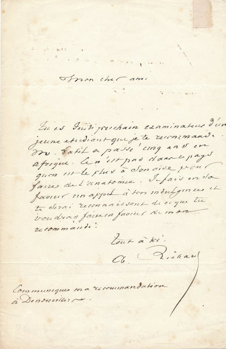 Achille RICHARD médecin, botaniste lettre autographe signée étudiant Afrique