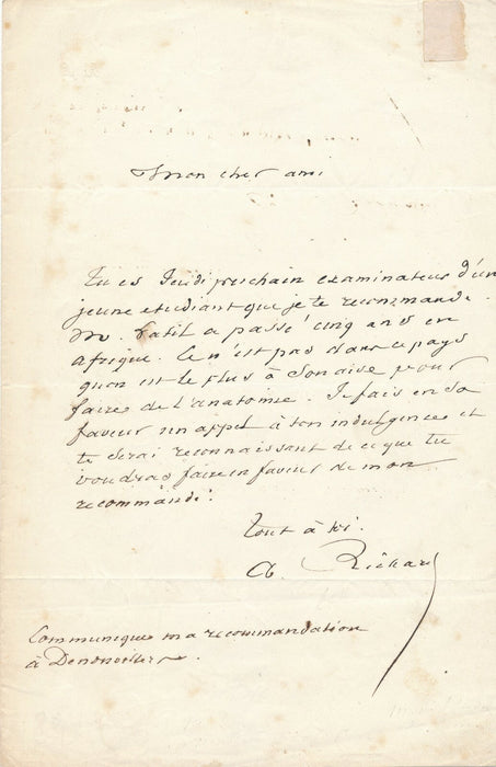 Achille RICHARD médecin, botaniste lettre autographe signée étudiant Afrique