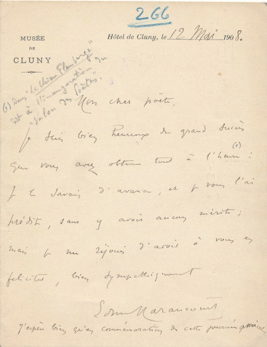 Edmond HARAUCOURT Lettre autographe signée Chien Flamberge succès musée Cluny