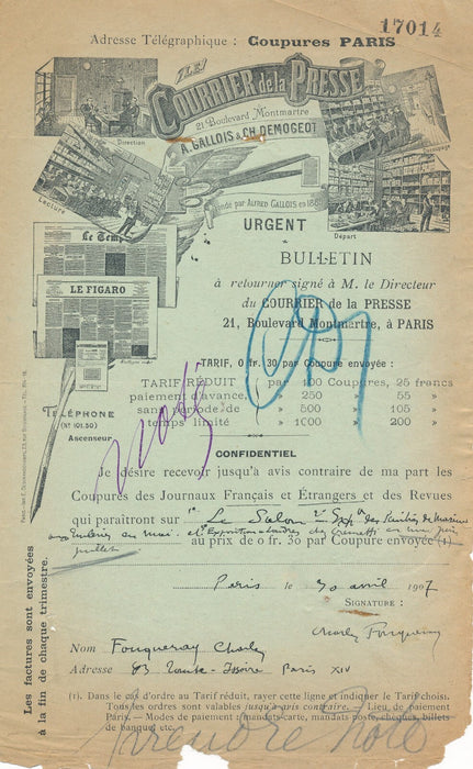 Charles FOUQUERAY lettre signée Salon 1907 coupures presse