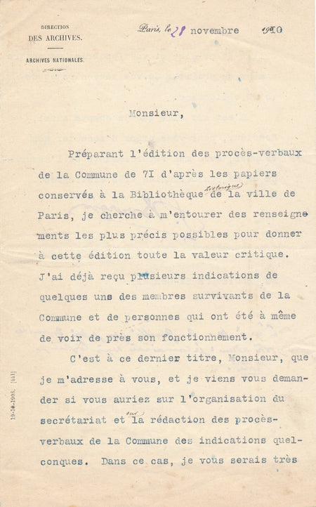Commune archives Georges BOURGIN à Charles PROLÈS lettre dactylographiée signée