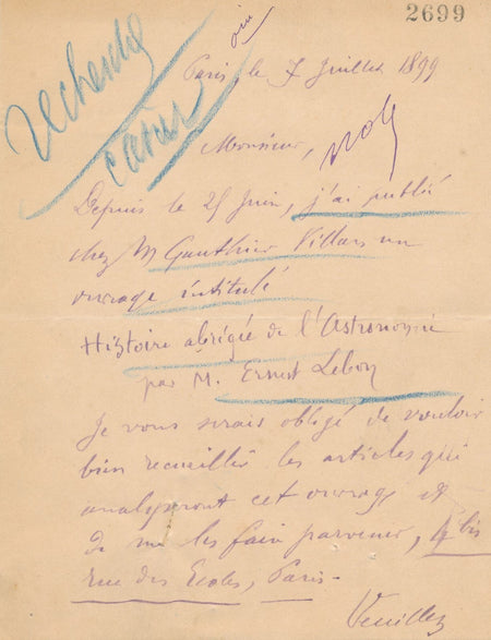 Ernest LEBON Lettre autographe signée presse Histoire abrégé de l’astronomie