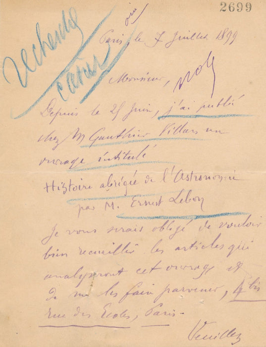 Ernest LEBON Lettre autographe signée presse Histoire abrégé de l’astronomie