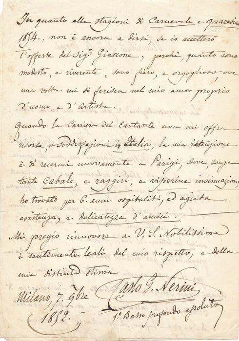 Carlo G. NERINI lettre autographe signée : il n'est pas content d'être cédé !