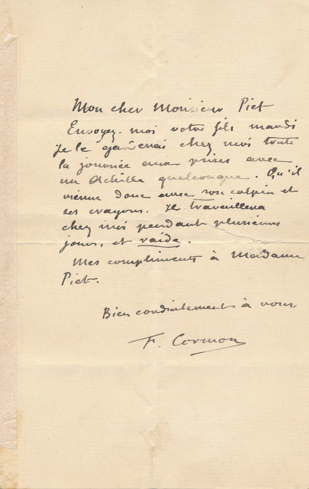 peintre F. Cormon lettre autographe signée à Ferdinand Piet fils travail dessin