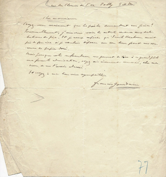 Art Francis JOURDAIN lettre autographe signée hommage Émile Verhaeren rire Belge