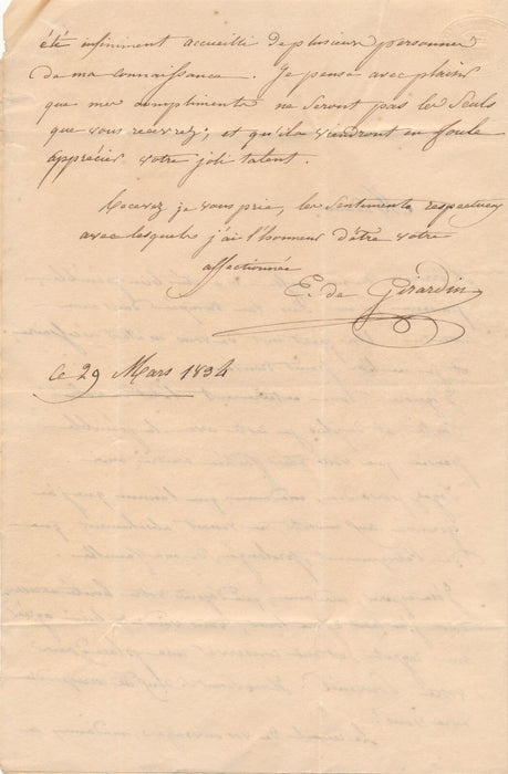 2 lettres autographes signées à Anne Marie de HAUTEFEUILLE Elisa de Girardin